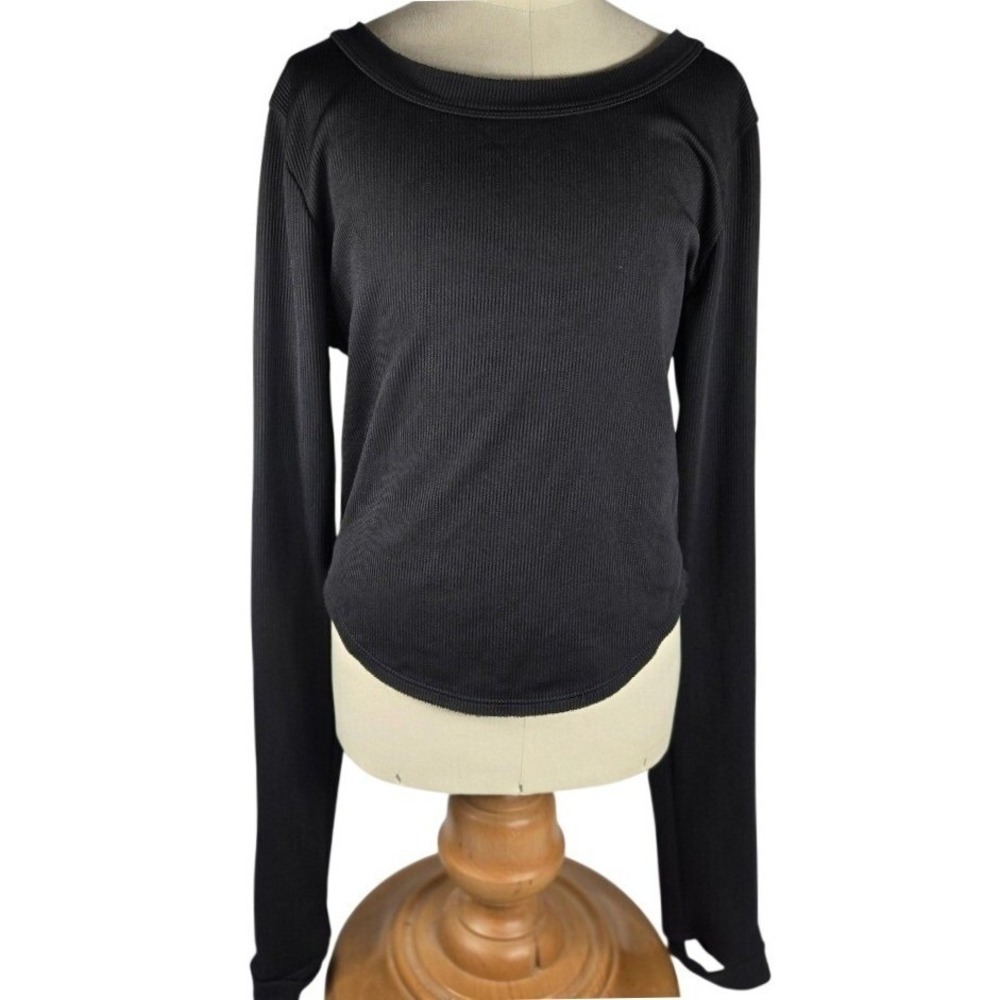 Free People FP‎ Movement Black Ribbed Long Sleeve Cropped Top Thumbholes Size M